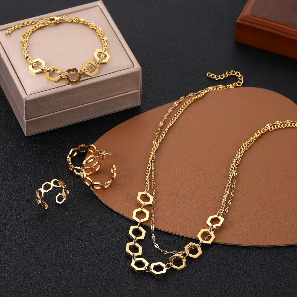 Double Layer Wear Gold Necklace Fashion Stainless Steel Diamond Costume Jewelry Necklace and Earring 4PCS Jewelry Sets