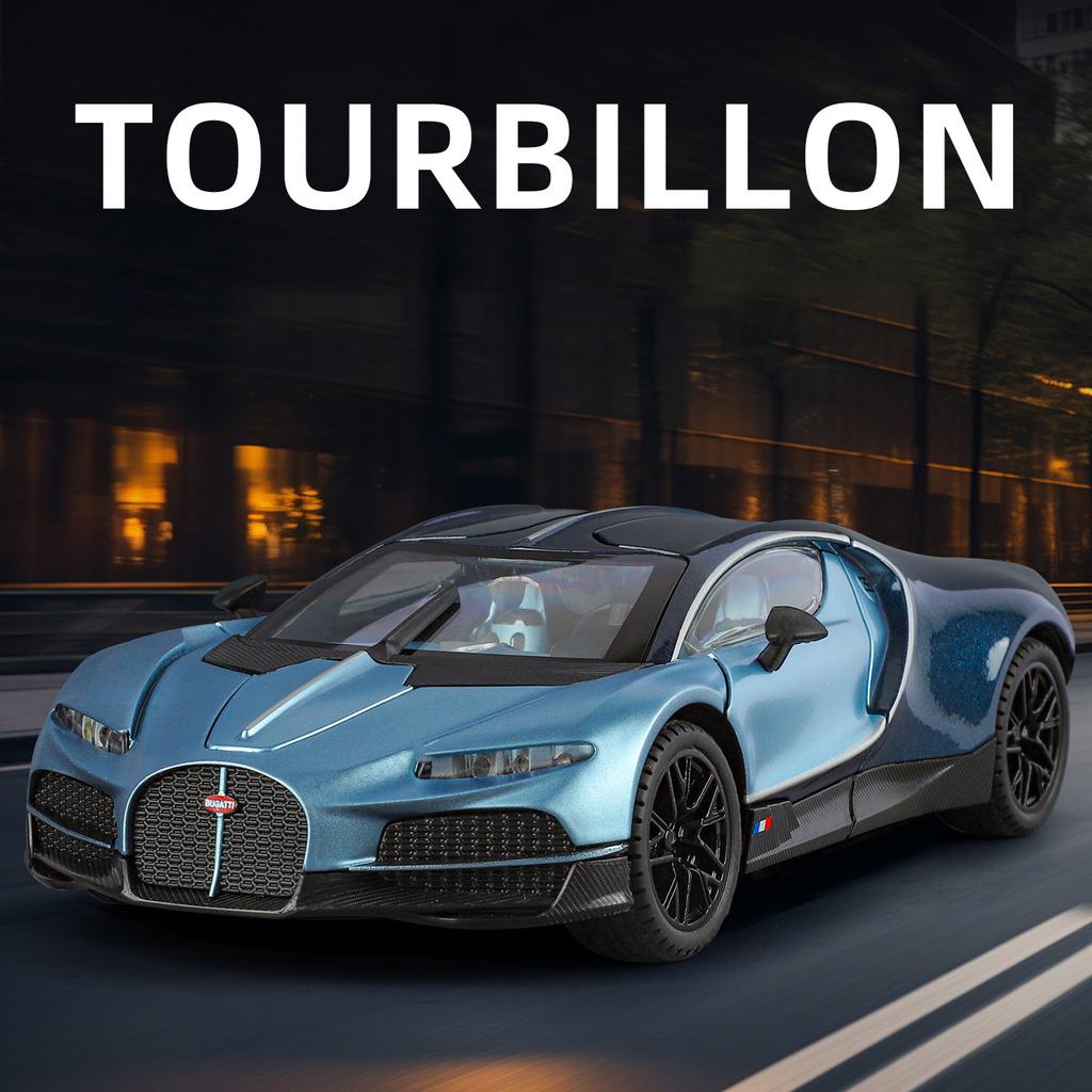 1/24 Bugatti Tourbillon Суперкар Металлическая Модель Автомобиля Со Звуком и Светом Оттяжка Детская Игрушка Коллекционные Предметы Подарок на День Рождения