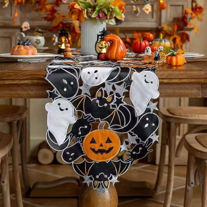 35x88cm Halloween Table Runner Pumpkin Ghost Bat Spiderweb Embroidered Tablecloth Vintage Fall Dining Party Cabinet Decor