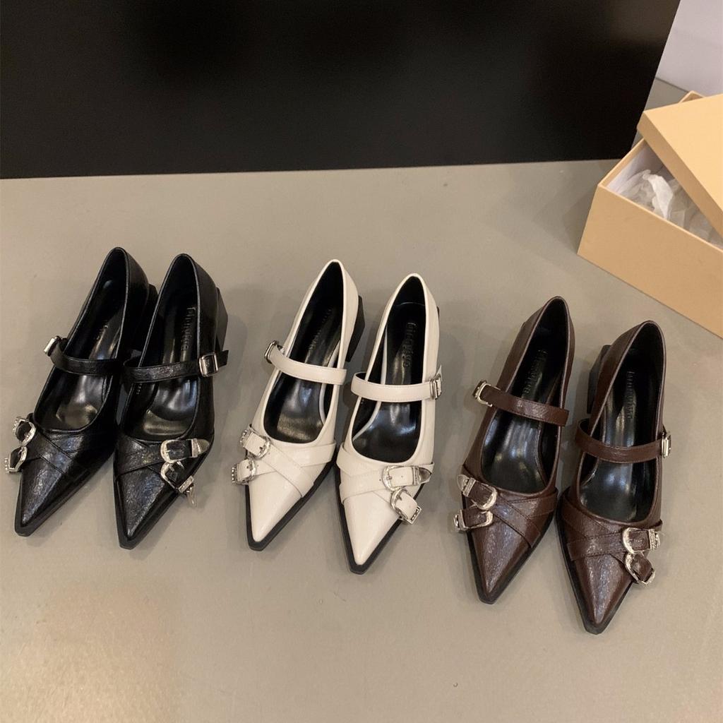 Французский темперамент заостренные высокие каблуки черные одинарные туфли женские туфли 2025 новые весна и осень зима Мэри Джейн маленькие кожаные туфли