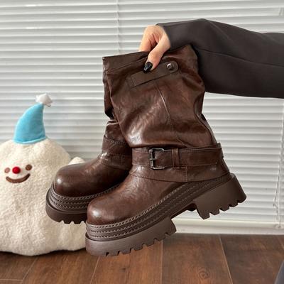 Ретро ботинки Мартина на толстой подошве с пряжкой, женские, 2025, осенние, новые, универсальные, увеличивающие рост, ботфорты, тонкие, западные, короткие ботинки