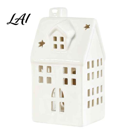 Handmade White Ceramic Ornament House Shape Candle Holder Hollow Tea Light Holder Decor Ornament Artistic Miniature Figurine for Christmas