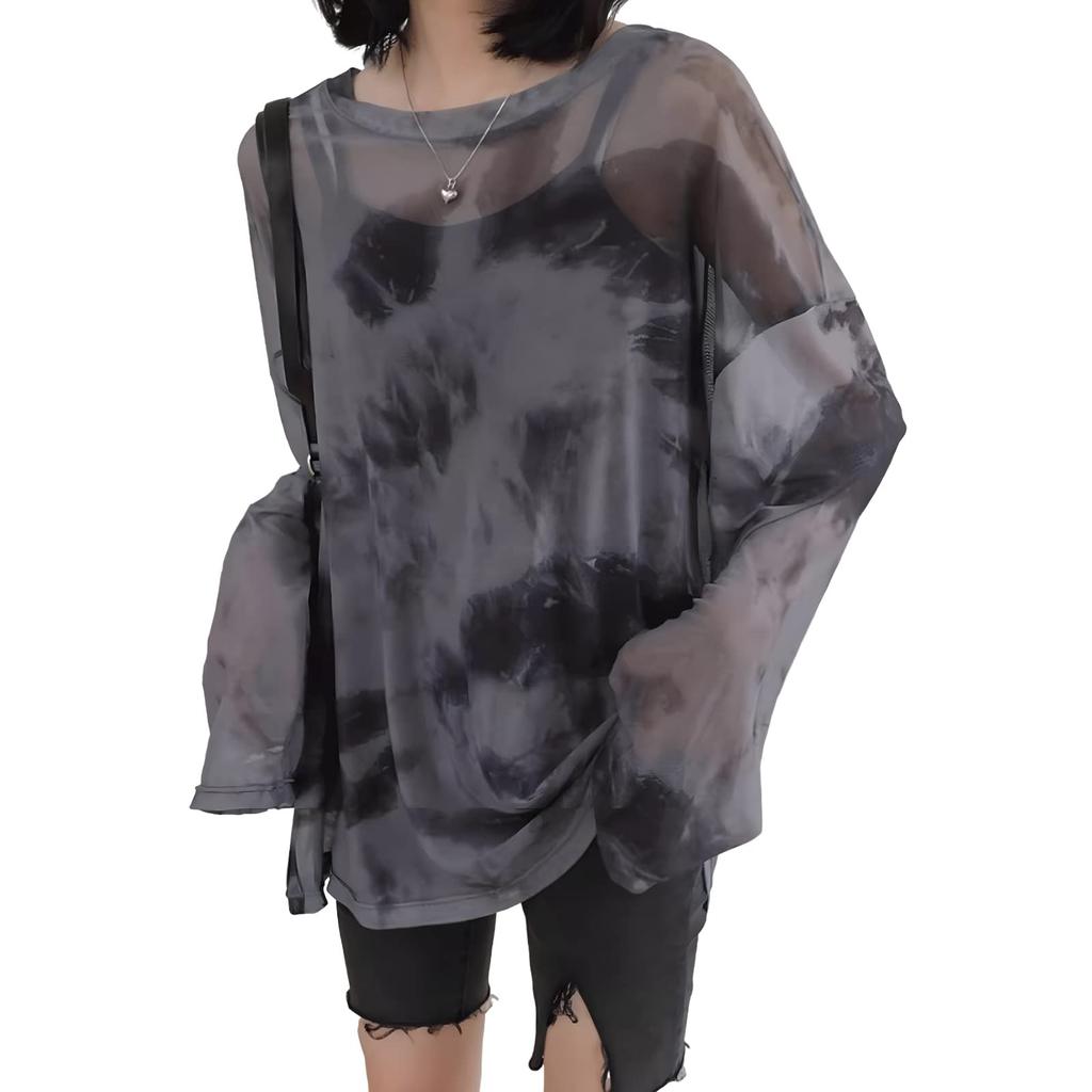 Yuoku Sheer Sexy Print Layered Long Thin Tulle Dance Oversized Shirt Loose Women's See-Through Top, Blouse, Show-Off Top, Look, Sleeve, Sheer,