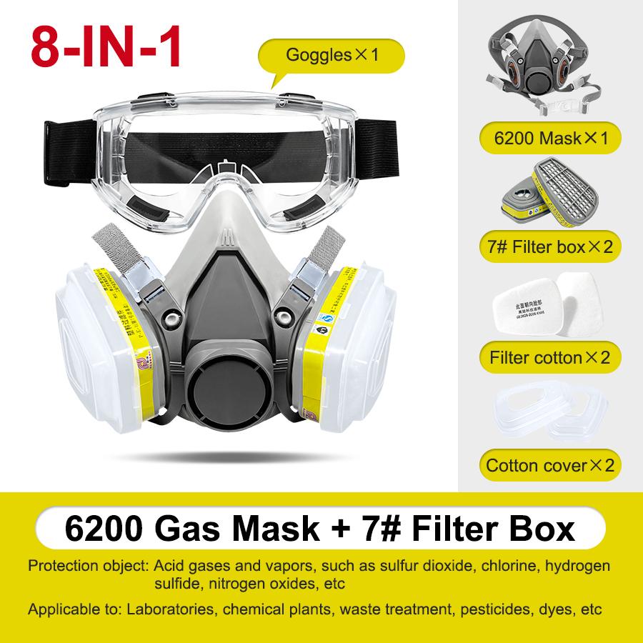 8In1 6200 Dust Mask Half Face Gases Painting Spraying Resin Work Smoke Safety Proteciton Replaceable Filters Respirator