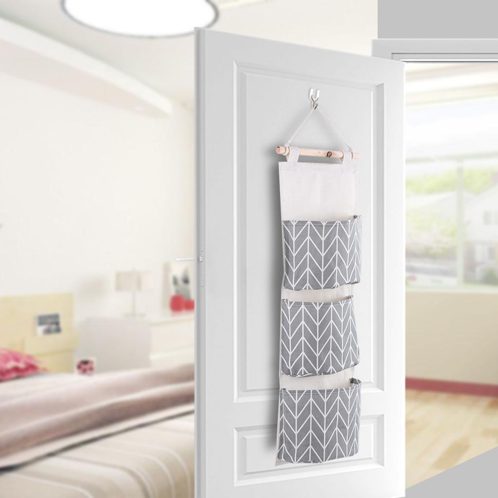 3 Pockets Cotton Linen Wall Hanging Storage Bag Door Pouch Bedroom Home Office Organizer Gray