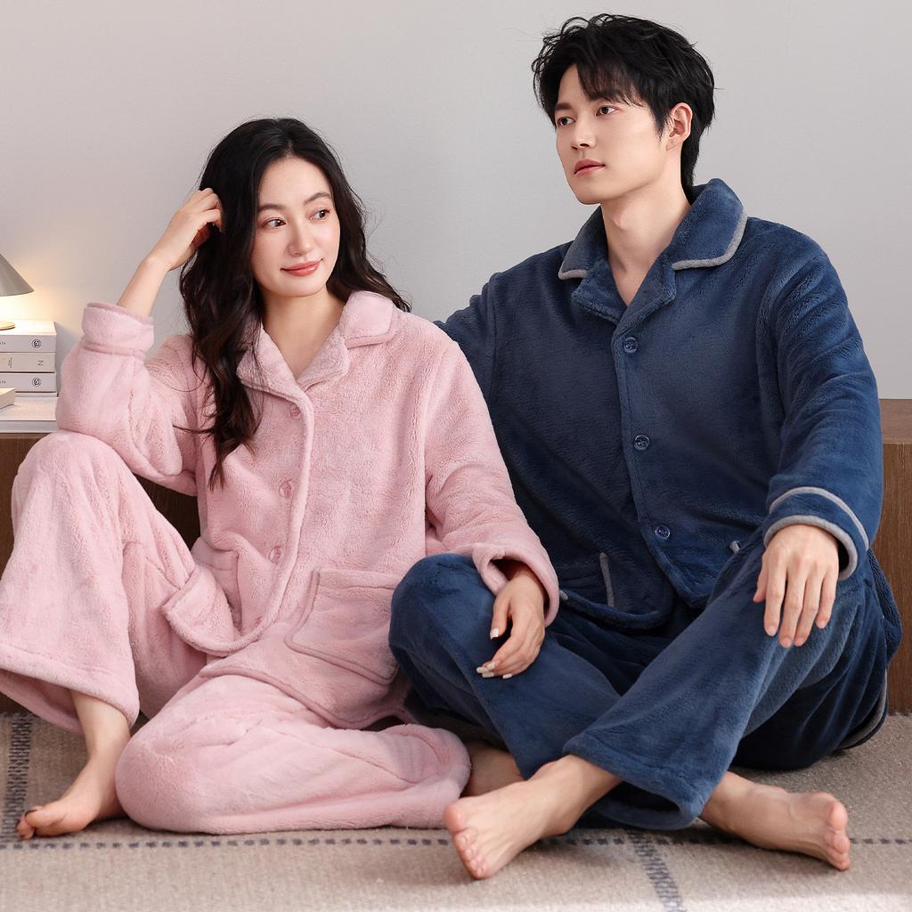 Flannel couple pajamas winter fleece thickened coral fleece men's and women's autumn and winter large size high-end loungewear set