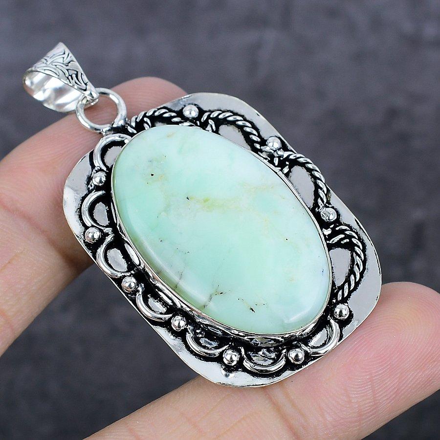 Хризопраз Драгоценный камень Ручная работа 925 Стерлинговое серебро Ювелирная подвеска 2.25" J6b80