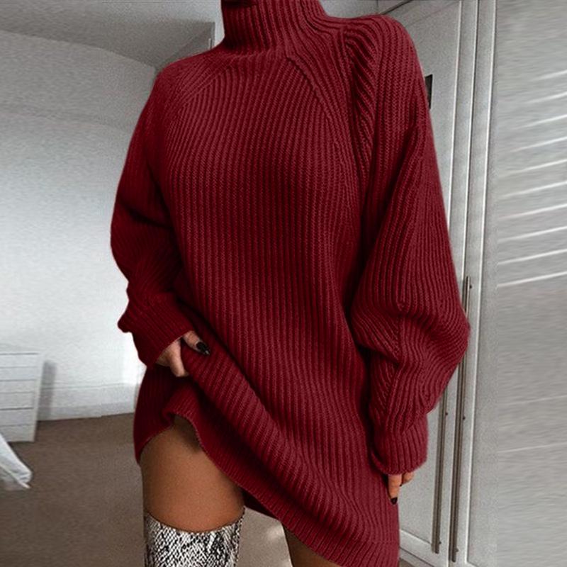 Autumn Winter Knitwear Mid Length Raglan Sleeve Half High Neck Sweater Dress Luxurious Relaxed-fit Slimming and Versatile Top