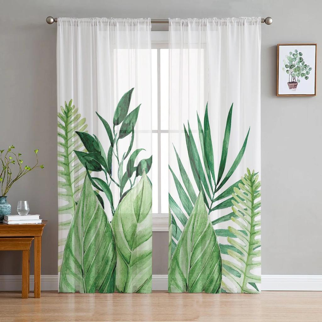 Tropical Plants Sheer Window Curtains for Living Room Girl Bedroom Tulle Curtains Kitchen Veil Chiffon Drapes