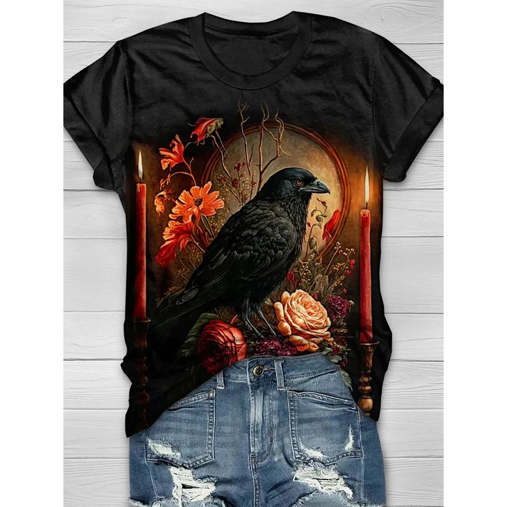 Fashion Women's T Shirt 3d Crow Pattern Print Summer Crew Neck Short Sleeve Pullover Luxury Female T-Shirts Oversized Clothing