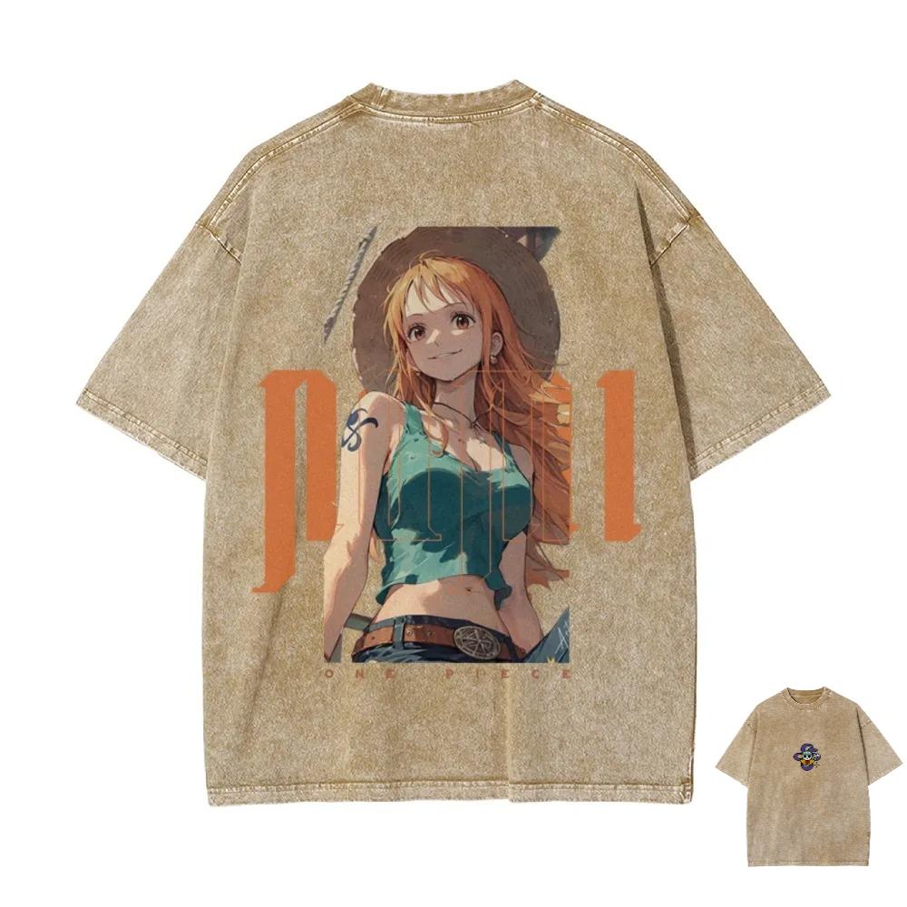 Новая футболка с принтом Нами из ONE PIECE, ретро, вымытая, с коротким рукавом, пляжный, повседневный стиль, Харадзюку, уличная, летняя, мужская и женская, Y2k, топ