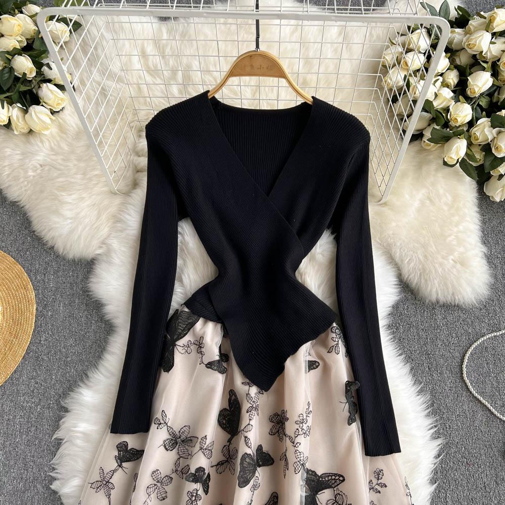 Осень-зима, женский повседневный вязаный свитер, сетчатые лоскутные платья, винтажное вечернее платье миди из тюля с v-образным вырезом и вышивкой-бабочкой