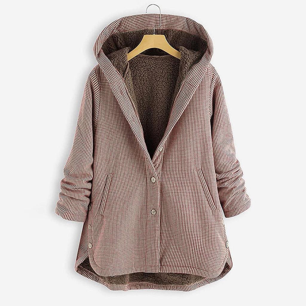 Plus Size Winter Warm Women Vintage Plaid Asymmetrical Button Hooded Outwearcoat