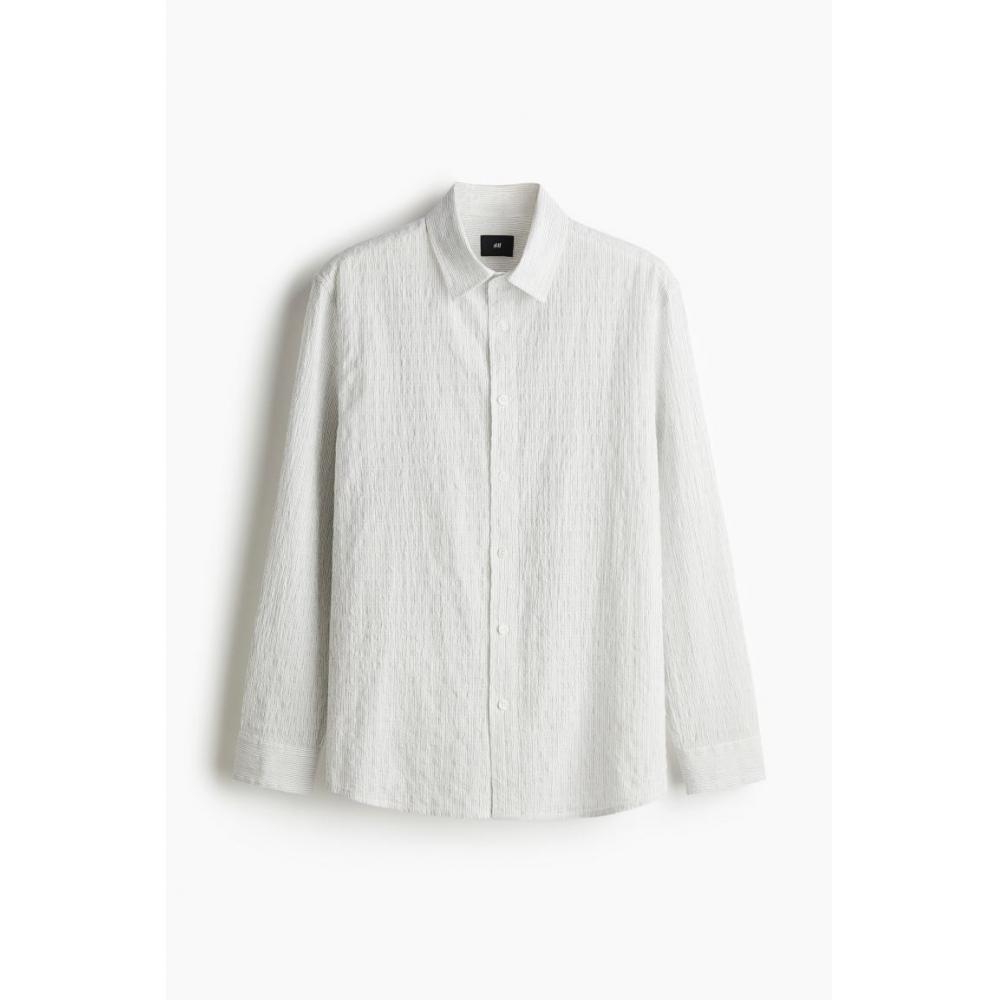 H M Loose Fit Textured sHirt wHite Stripe