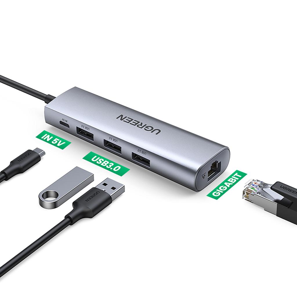 Ugreen CM266 5-in-1 USB-A 3.0 Hub with Gigabit Ethernet & Micro USB - Gray