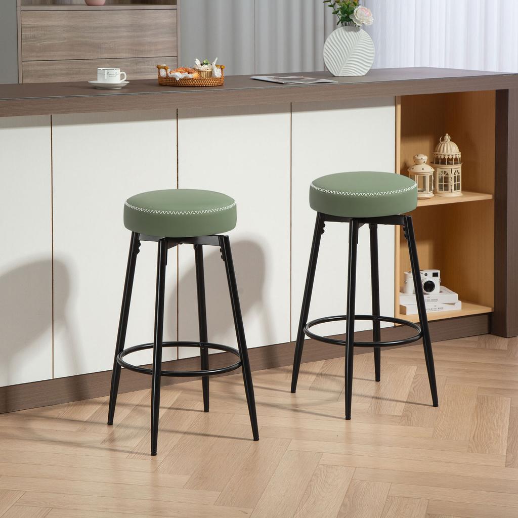 Set of Two Faux Leather Bar Stools - Green/Black