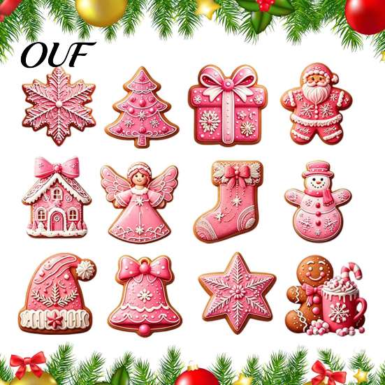Decorative Wood Shapes for Christmas 12/24/36Pcs Pink Gingerbread Wooden Ornaments, Xmas Tree Hanging Decorations, Lightweight Decorations Festive