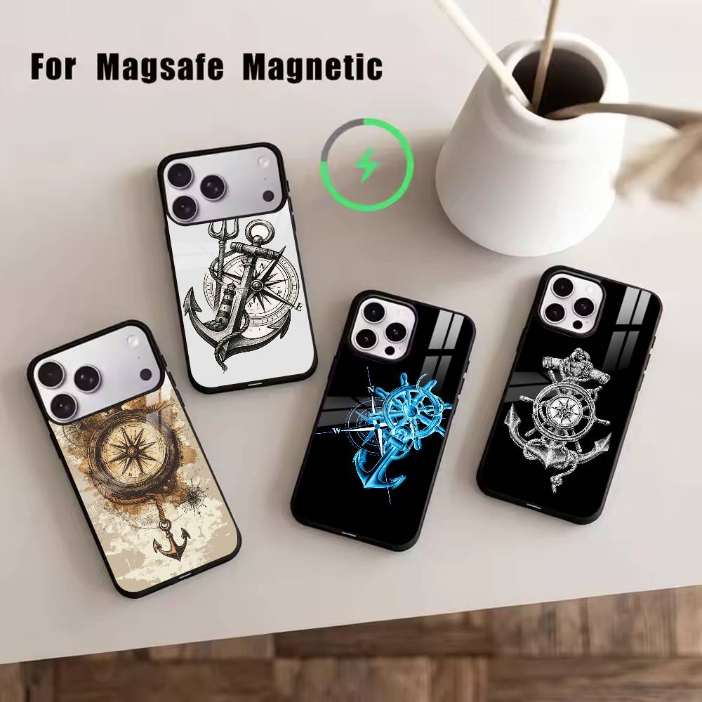 Anchor Compass N-Nautical Sailor Phone Case For iPhone17,16,15,14,13,12,11 Plus,Pro Magnetic For Magsafe Wireless Charging