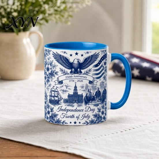 Independence Day Cup USA 250th Anniversary Blue Mug, Patriotic Ceramic Coffee with Heritage Eagle Flag Design, Gift for Veterans Men Women Durable