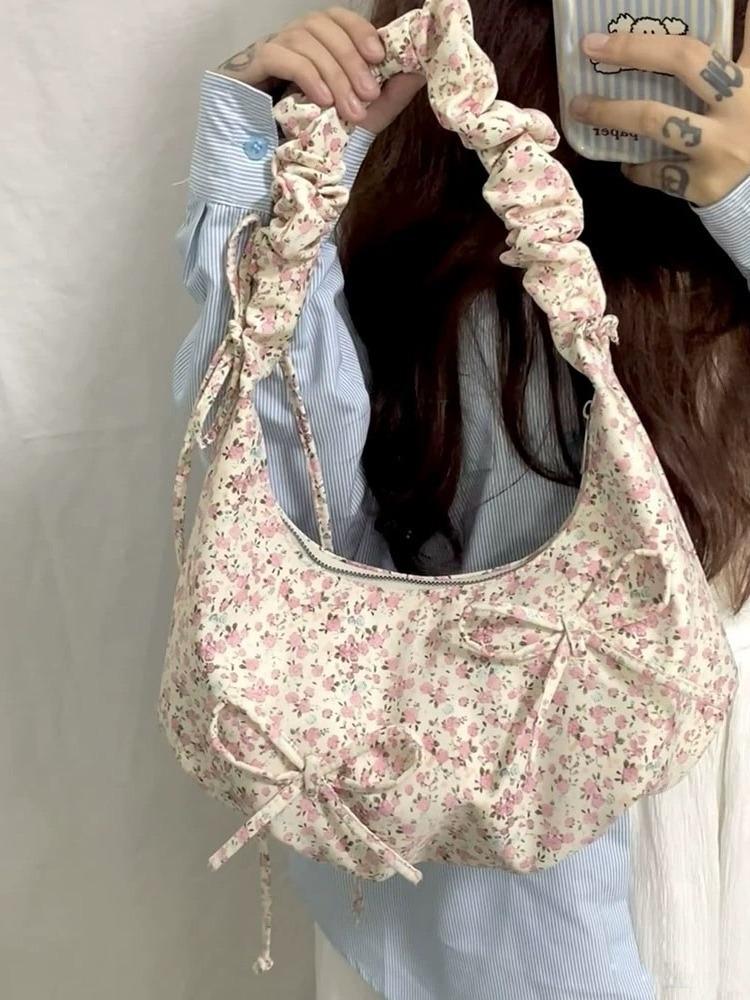 Маленькая свежая и высококачественная сумка-мессенджер с бантом и цветочным принтом, плиссированная наплечная сумка под мышку, повседневная сумка-мессенджер из парусины