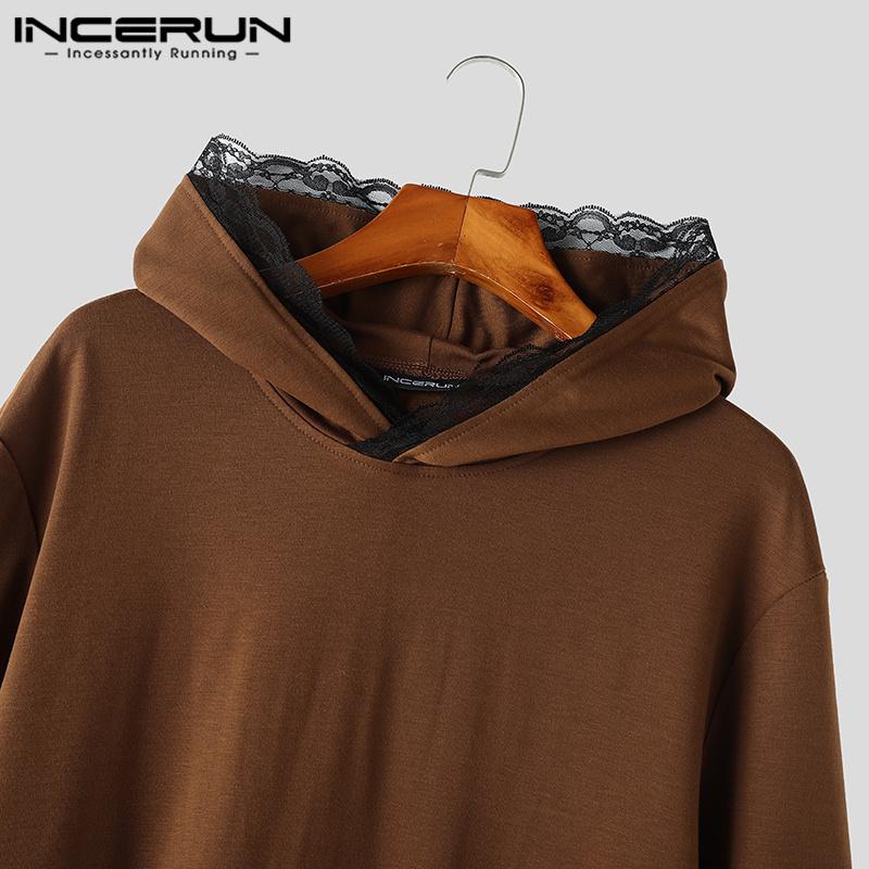 INCERUN Мужские толстовки с капюшоном с длинным рукавом и кружевным подолом, повседневные толстовки с капюшоном
