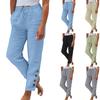 Womens Summer Elastic Waist Pocket Pocket Solid Color Cotton Linen Wide Leg Pants Loose Nine Points Pants