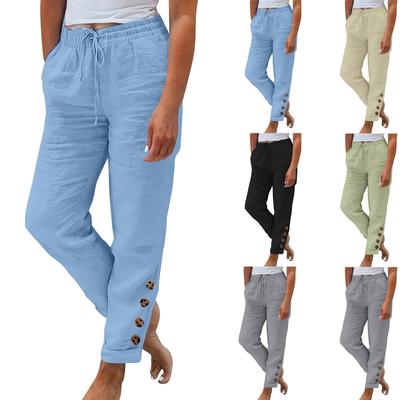 Женские летние эластичные поясные карманы с карманами, однотонные хлопковые льняные широкие брюки, свободные брюки с девятью очками
