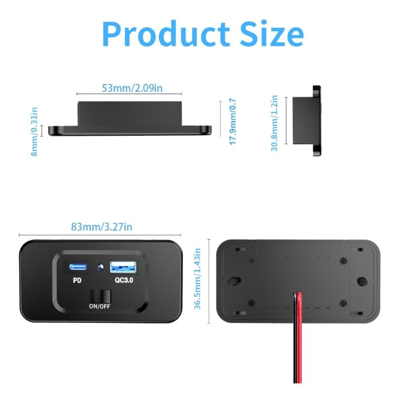 2-портовая настенная панель с розеткой 12-24 В, 20 Вт USB-C и 18 Вт USB-порт QC3.0, зарядное гнездо с кнопкой переключения для автомобиля, автобуса