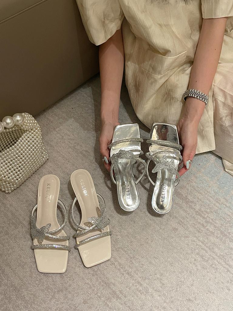 Мода Модные женские туфли-слайды с открытым носком Летние туфли на тонком высоком каблуке Повседневные туфли-лодочки для вечеринок Дамские серебристо-белые туфли для женщин