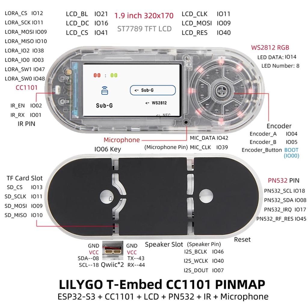 AA58 LILYGO Новый T-Embed ESP32-S3 CC1101 Маломощный ГГц РЧ-трансивер PN532 NFC RFID I2C Модуль Плата с ЖК-дисплеем Аккумулятор 1300 мАч