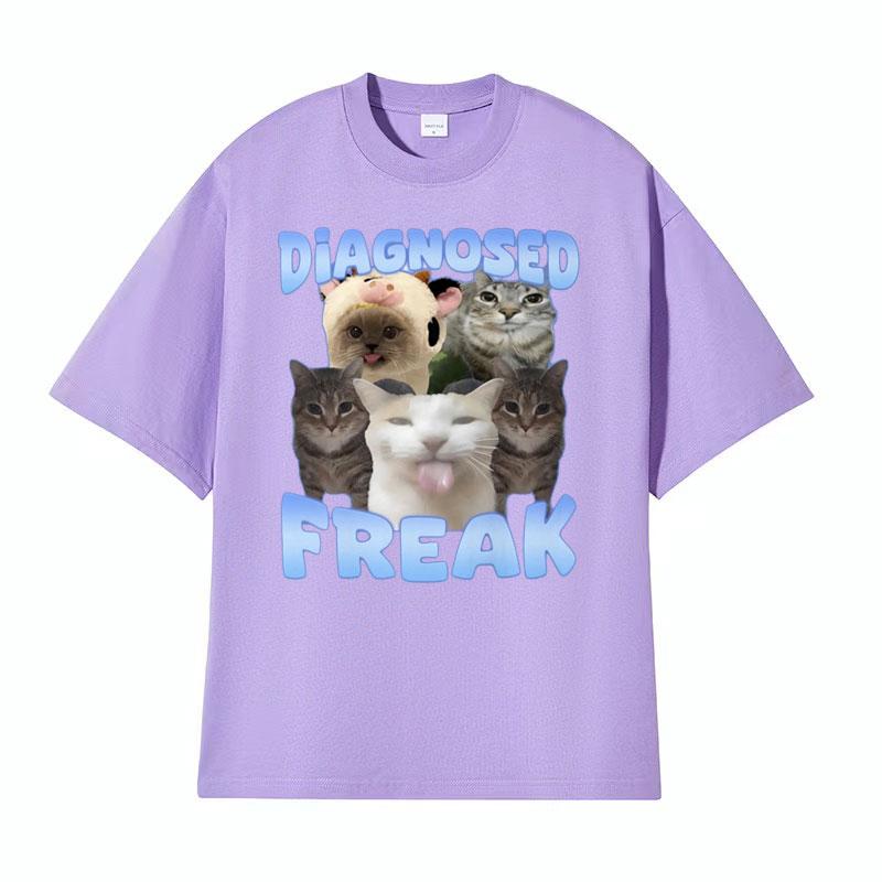 Diagnosed Freak Funny Watermelon Cat Meme Tshirt Men Womens Summer Streetwear Tee Shirt Fashion Oversized Cotton Humor T Shirt