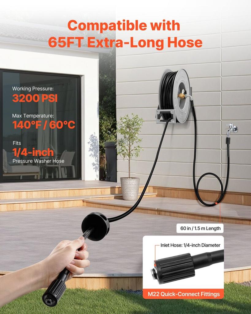 Pressure Washer Hose Reel, 19.8 m x 6.4 mm Retractable Power Heavy-Duty Steel Washer Hose Reel, 3200PSI Max, Auto-Rewinding, Flexible Wall/Floor