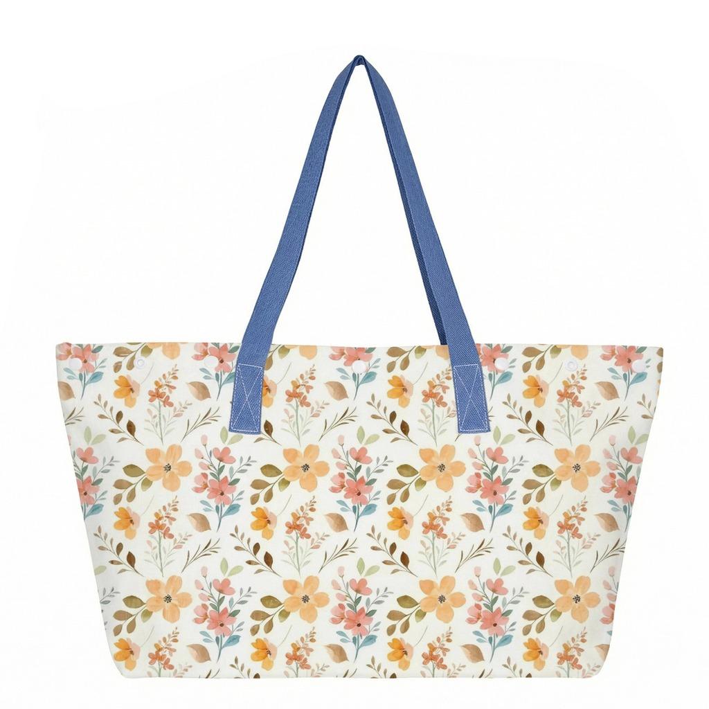 Floral Print Canvas Tote Bag Large Capacity Shopping Bag Eco Friendly Grocery Bag Portable Shoulder Bag Travel Beach Bag