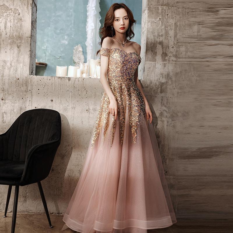 Heavy industry evening dress women's 1011 new banquet temperament socialite sequins one-word shoulder long dress annual meeting dress