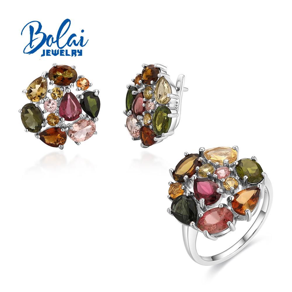 925 Sterling Silver Light Luxury Multi-colored Natural Tourmaline Ring Earrings Summer New Women Anniversary Party Wedding Gift