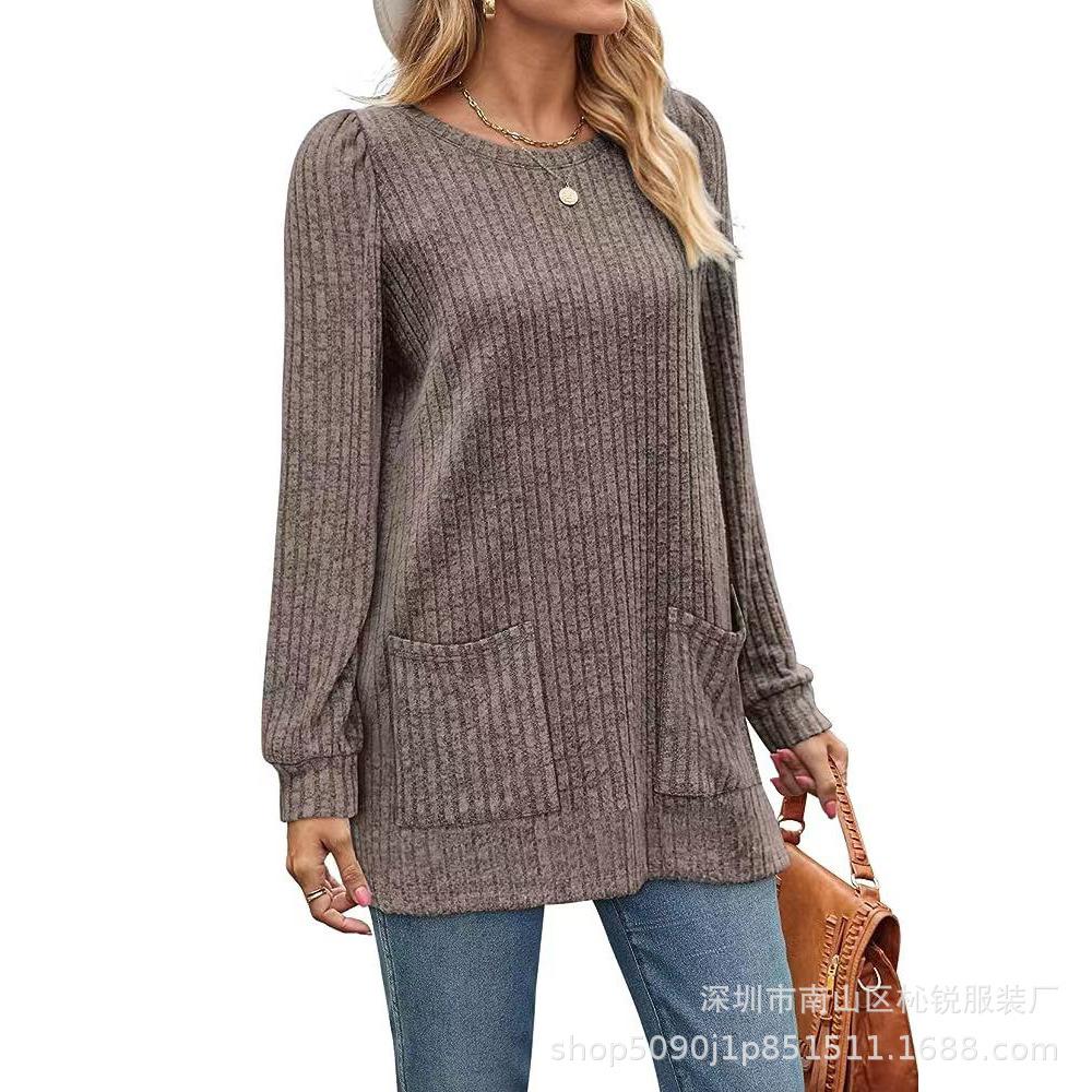 Elastic Winter Pocket Autumn Ribknit Top Solid Loose Casual Bubble Sleeve Tshirt For Women