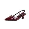 2025 New Summer Wine Red Pointed Patent Leather Mid-heel Overhead Sandals for Women Retro Skinny Heel Back Empty Shoes