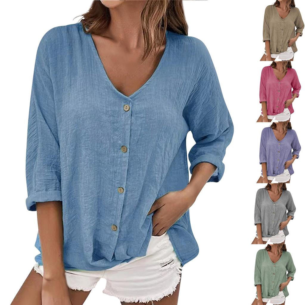 Women's Fashion Casual Solid Color V-Neck Chest Button Seven Sleeve T-Shirt Top