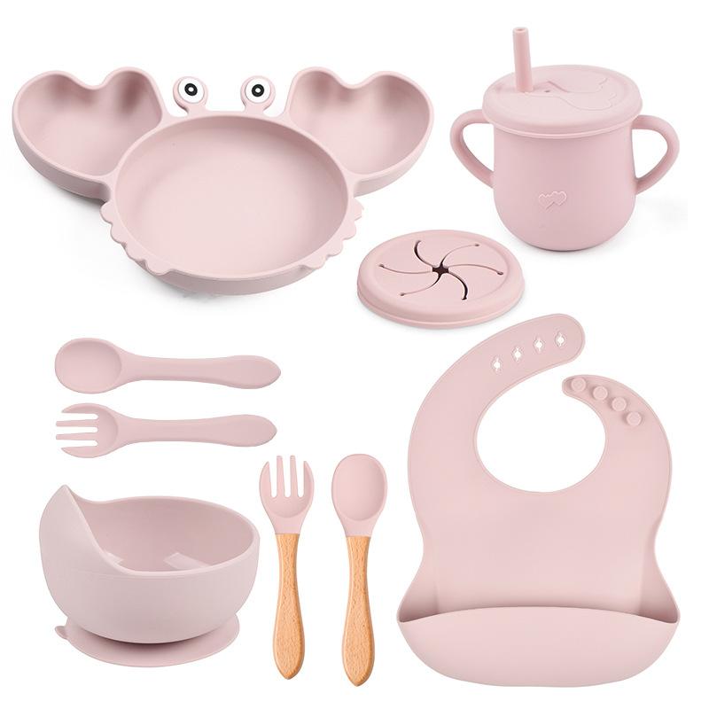 9PCS/Set Baby Silicone Tableware Set Baby Feeding Dishes BPA Free Bowl Plate Bibs Spoon Fork Sets Children Non-slip Dinnerware