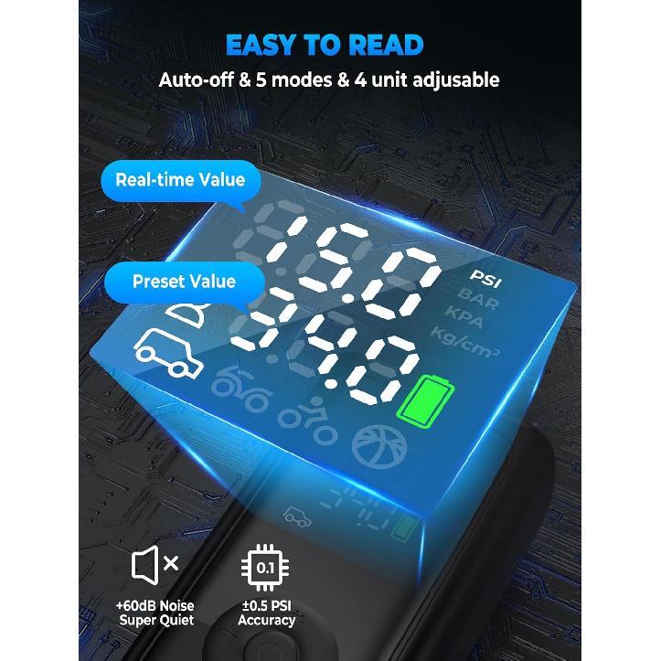 Tire Inflator Portable Air Compressor, 150PSI Cordless Tire Inflator, Auto-Off & LED Light, 10000MAh Battery Powered Bike Pump With Gauge For Car,