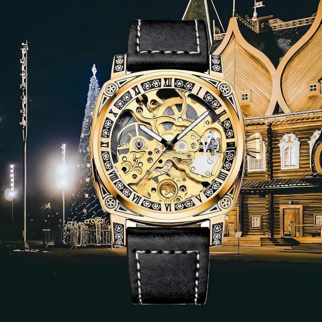 TEVISE Square Luxury Retro Mechanical Watch for Men Hollow Skeleton Self-Wind Carved Automatic Watches Vintage Leather Strap Wristwatch
