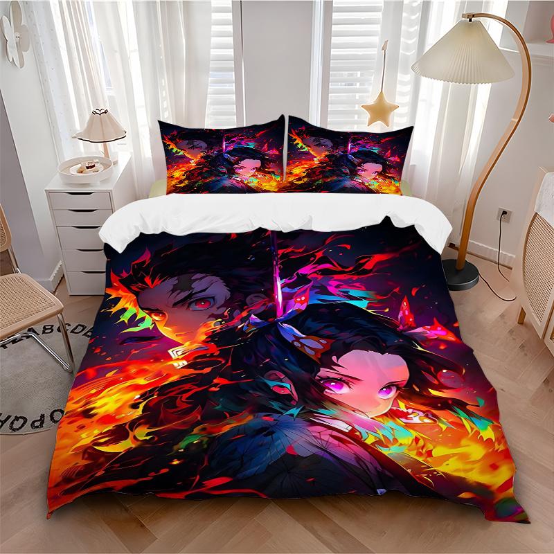 3pcs Flaming Anime Characters Printed Quilt Set - Includes 1 Quilt Cover and 2 Pillowcases, Machine Washable - Suitable for All Seasons.C037