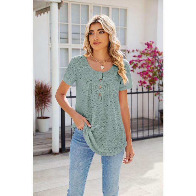 Летняя женская футболка, новая однотонная свободная футболка с круглым вырезом и пуговицами с короткими рукавами