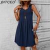 Женская мода лето весна однотонный принт без рукавов с круглым вырезом и высокой талией повседневные платья