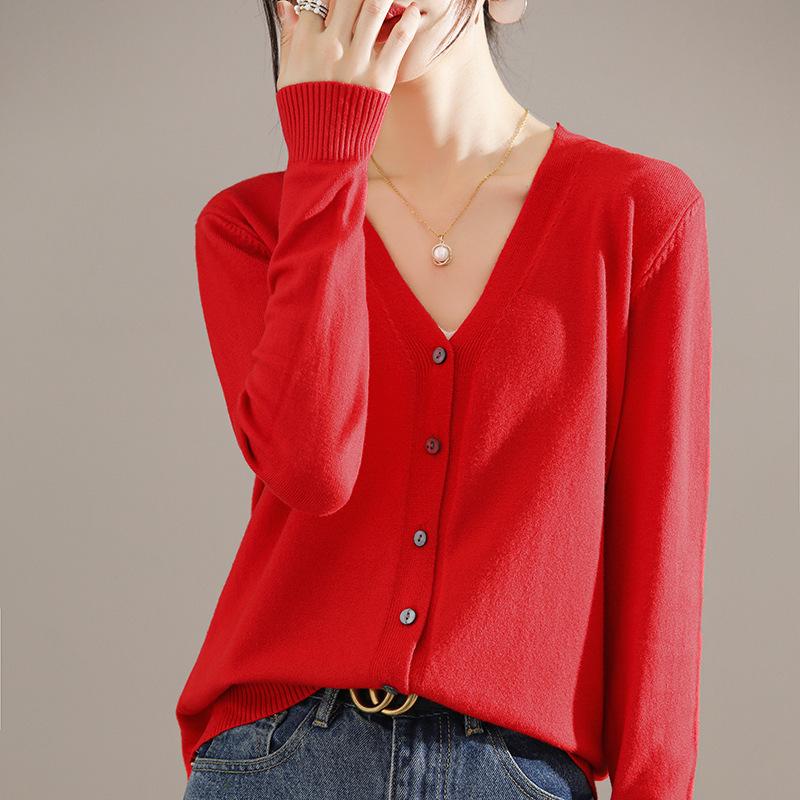 Осень Зима Повседневная Мода Однотонный Кардиган Пальто Женский Универсальный Базовый Вязаный Топ