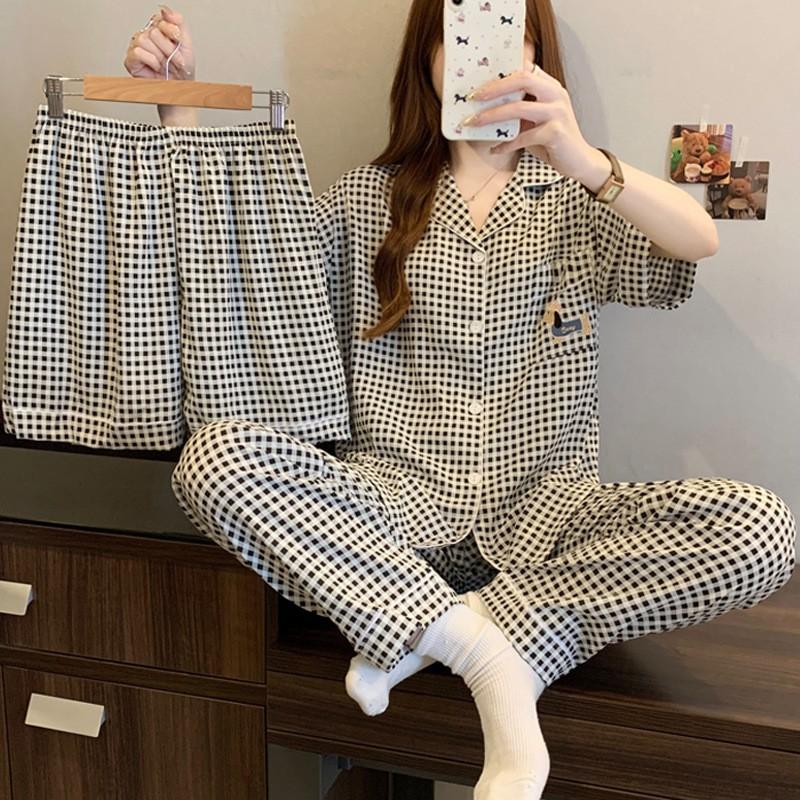 Womens Cloud Cotton Pajama Set Short Sleeve Bow Loose Loungewear 3pcs