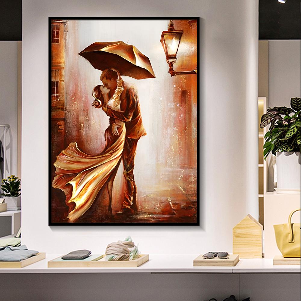 Золотая пара с зонтиком, городской пейзаж, холст, живопись, постеры, принт, абстрактные романтические настенные художественные фотографии для комнаты, домашний декор