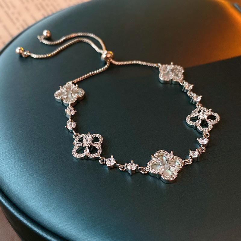 Adjustable Zircon Flower Bracelet Women Elegant Floral Design Tone Fashionable Daily Wear Jewelry
