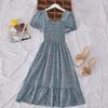 "French Retro Floral Square Neck Puff Sleeve Dress for Petite Women - High Waist, Sweet, Short Spring Style"
