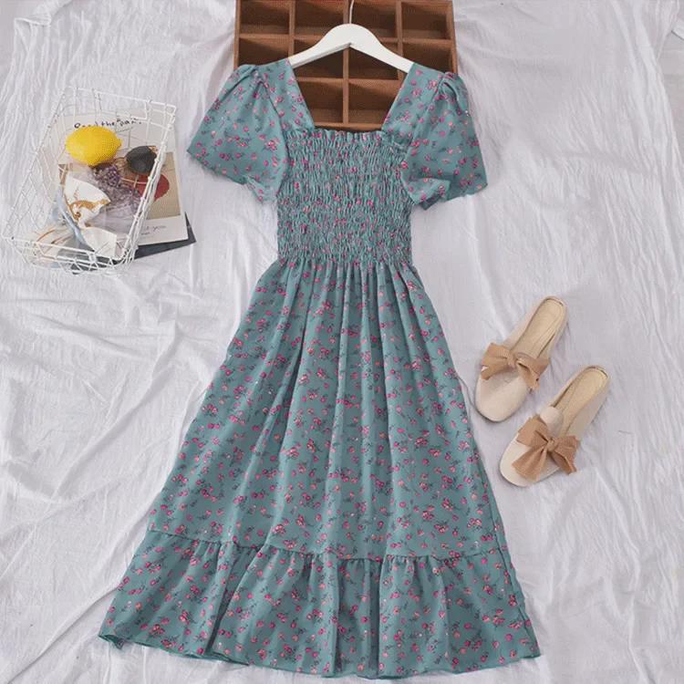 "French Retro Floral Square Neck Puff Sleeve Dress for Petite Women - High Waist, Sweet, Short Spring Style"